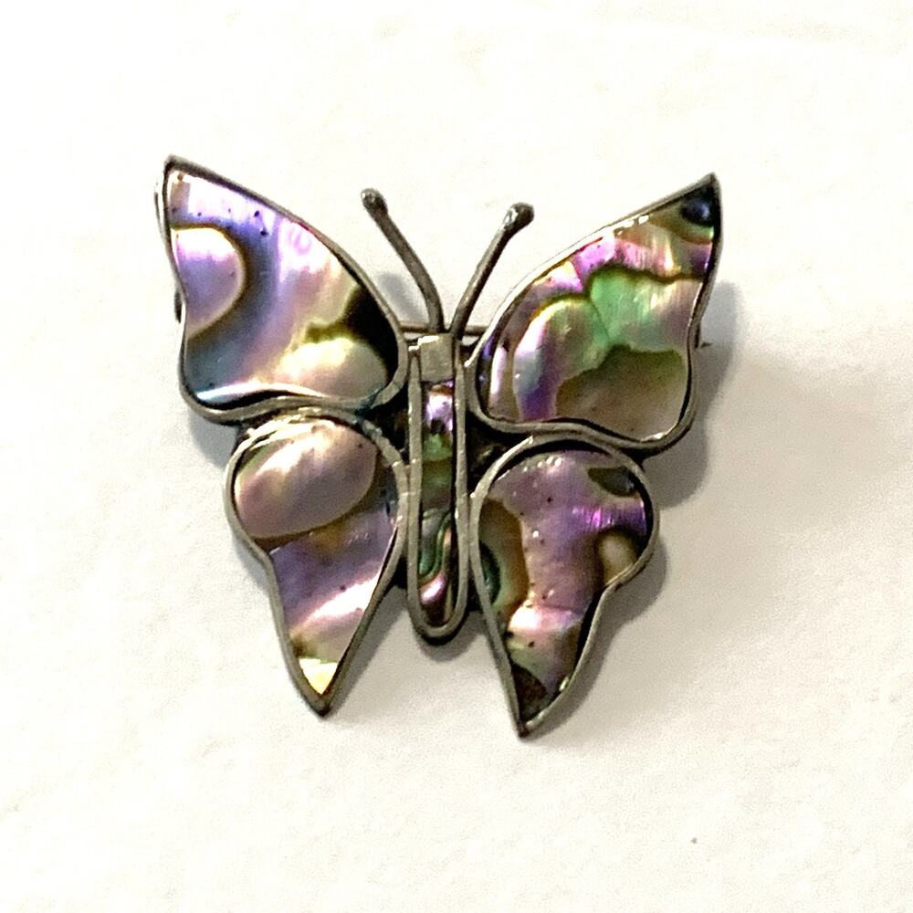 Vintage Alpaca Abalone Shell Butterfly Brooch Silver Tone Inlay Pin 1.25"